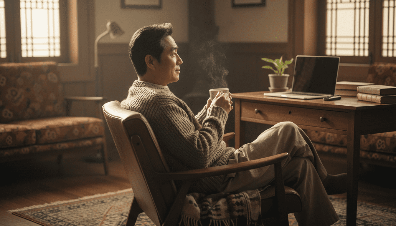 아늑한 거실에서 따뜻한 머그잔을 들고 편안하게 앉아 어깨 너머로 노트북을 바라보는 50대 한국인 남성의 옆모습, 화면이나 그래프가 보이지 않는 편안한 일상 사진.