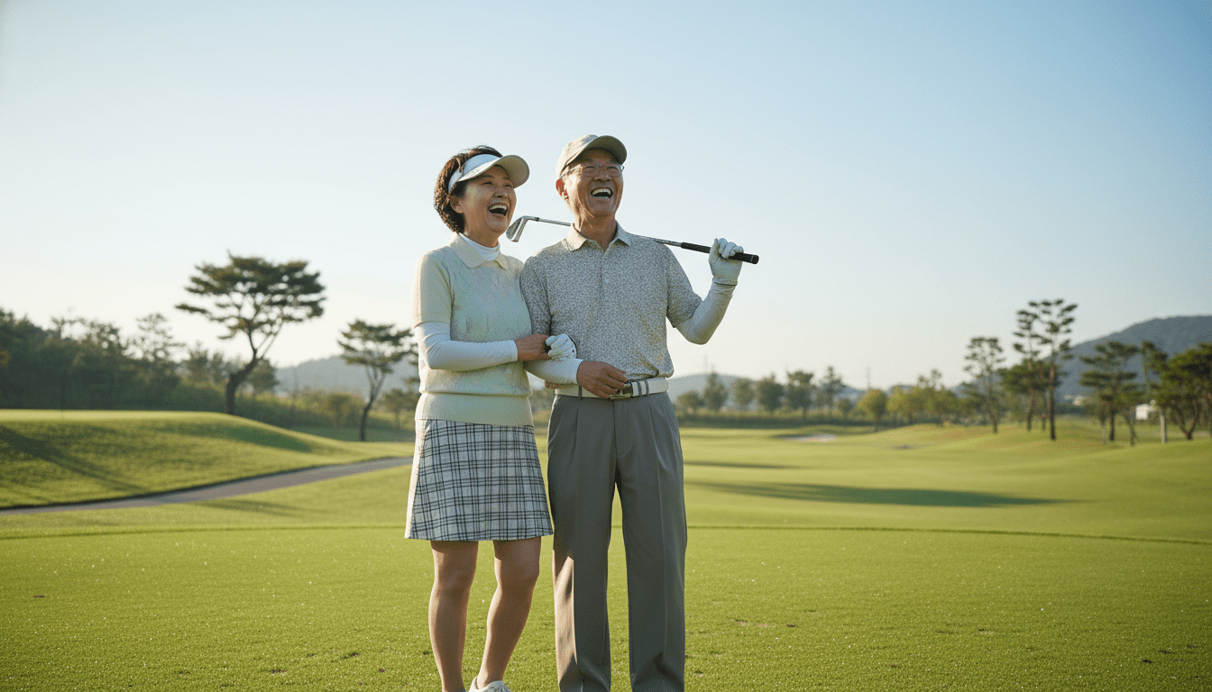 화창한 날 푸른 잔디의 골프장에서 함께 웃으며 라운딩을 즐기는 70대 한국인 부부, 행복하고 활기찬 노후 라이프스타일.