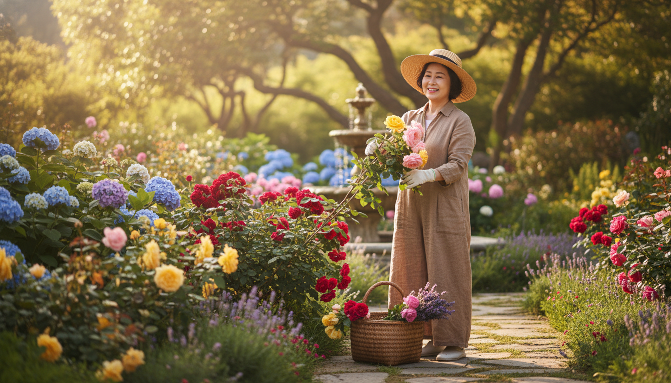 햇살이 내리쬐는 아름다운 정원에서 평화롭게 꽃을 가꾸고 있는 60대 한국인 여성, 여유롭고 성취감 있는 노후 일상.