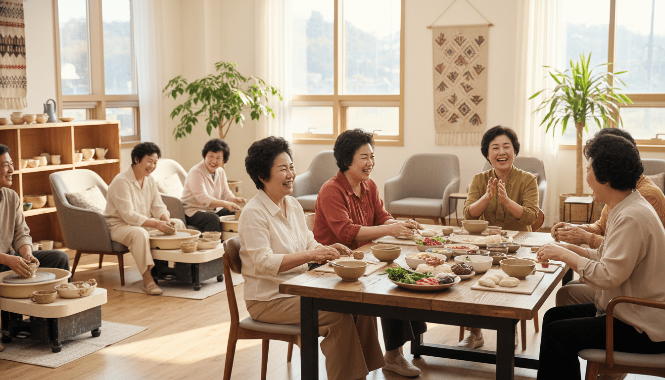 자연스러운 라이프스타일 사진, 밝고 새롭게 단장된 시골 커뮤니티 센터 내부에서 활기차게 도자기 공예나 요리 수업에 참여하고 있는 60대 한국인 액티브 시니어들. 이웃들과 웃으며 교류하는 생동감 넘치는 모습. 진정한 행복, 고급스러운 실내 인테리어, 자연광. 양복이나 그래프 요소 금지.