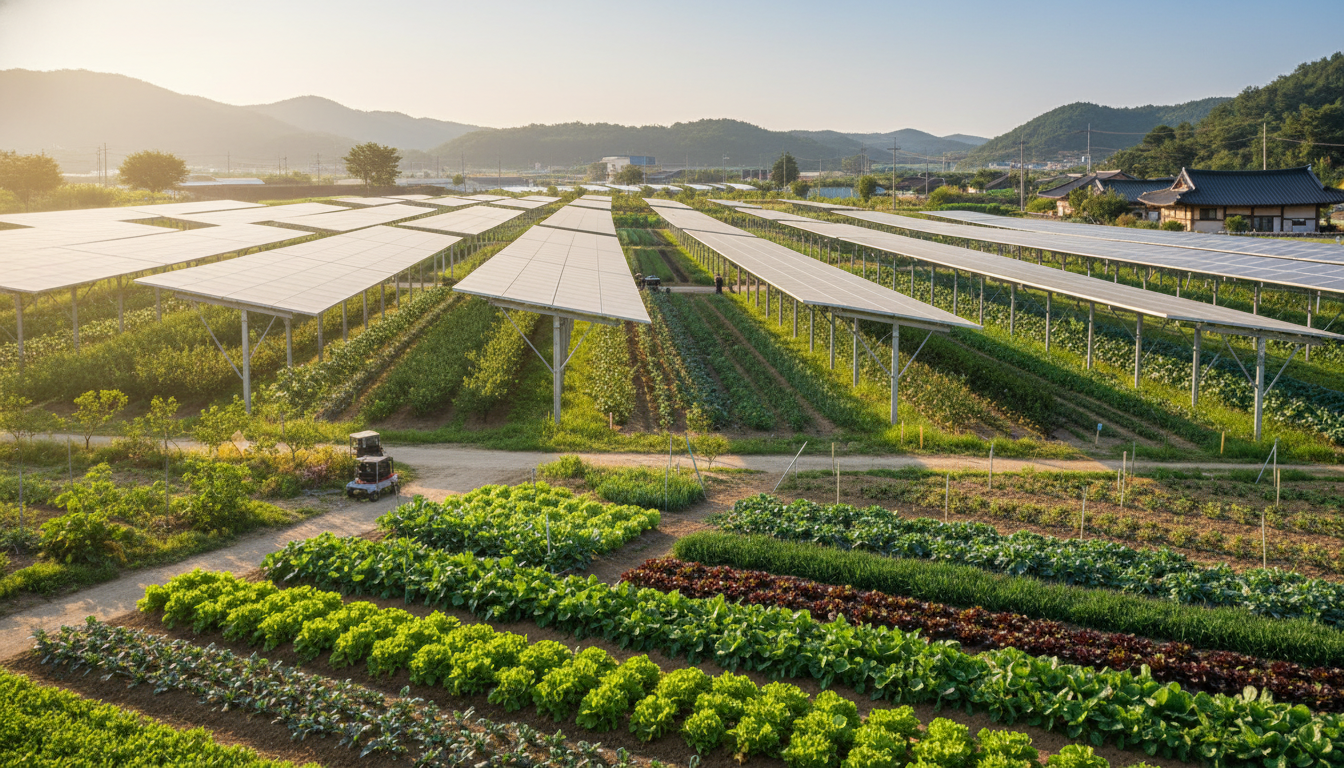 태양광. 푸른 농작물 위로 높게 설치된 최신 영농형 태양광 패널이 자연스럽게 어우러진 깔끔하고 아름다운 한국의 농촌 풍경. 작물과 패널을 비추는 따뜻한 정오의 햇살. 첨단 농촌 수익 모델 컨셉. 인물 없음.