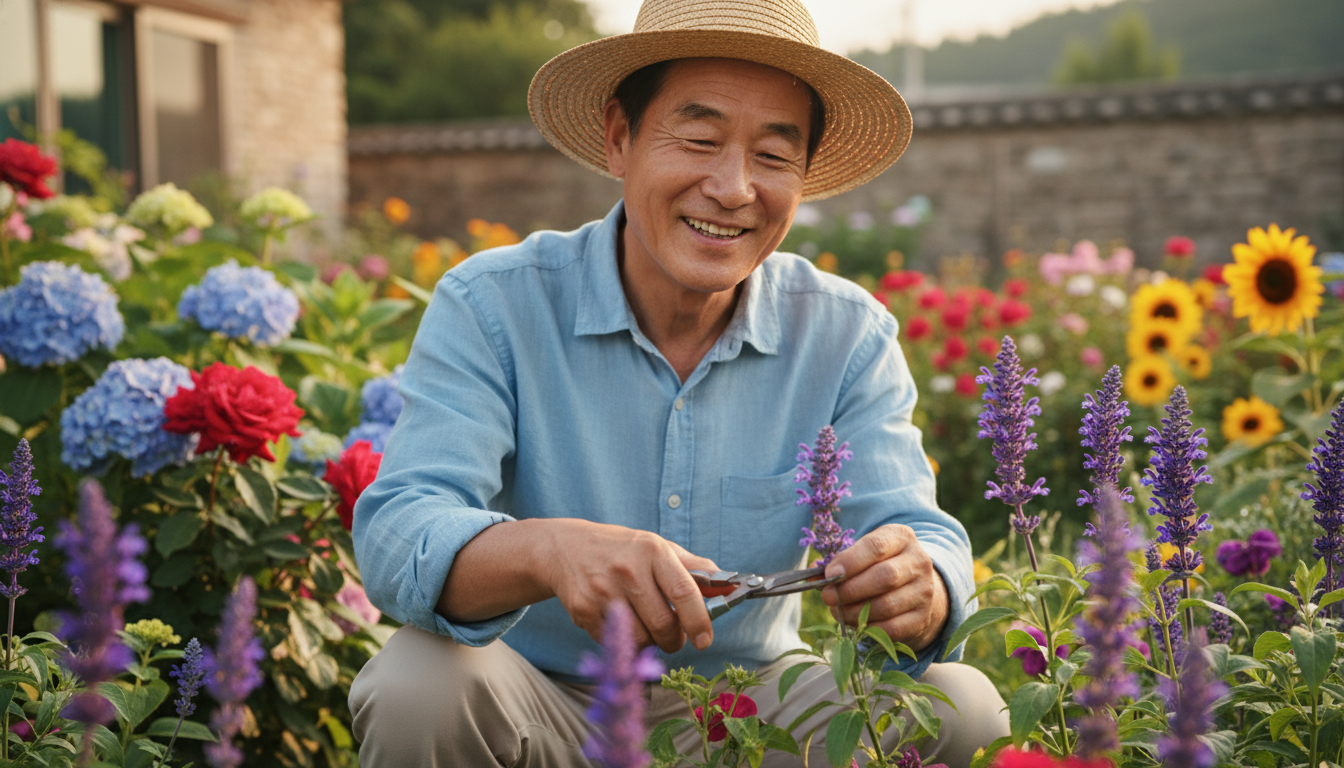 매크로 라이프스타일 사진, 편안한 일상복 차림의 건강한 60대 후반 한국인 남성이 잘 가꾸어진 시골집 뒷마당에서 아름다운 꽃들을 돌보고 있는 모습. 따뜻한 골든아워 조명, 평화롭고 충만감을 주는 취미 생활, 환하게 웃는 얼굴과 화사한 식물들에 초점을 맞춘 얕은 피사계 심도.