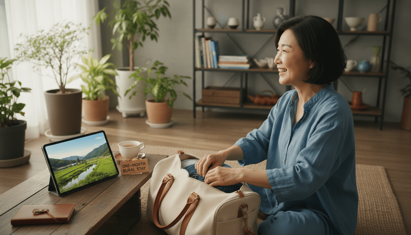어깨 너머로 촬영한 라이프스타일 사진, 밝고 세련되게 꾸며진 방에서 세련되고 가벼운 여행 가방을 싸고 있는 미소 짓는 50대 한국인 여성. '농촌 한 달 살기' 프로그램을 기대하며 설레는 표정. 테이블 위에 놓인 태블릿 화면에 아름다운 풍경이 보이며, 태블릿은 반드시 45도 후면 측면 앵글로 묘사됨. 따뜻하고 희망찬 분위기.