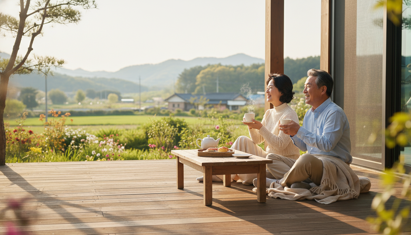 2026년 지방 소멸 대응 이주 정착 지원금. 햇살이 아름답게 비치는 현대적인 시골집의 나무 데크에서 여유롭게 휴식을 취하고 있는 60대 한국인 부부. 환하게 웃으며 차를 마시고 평화로운 시골 풍경을 즐기는 모습