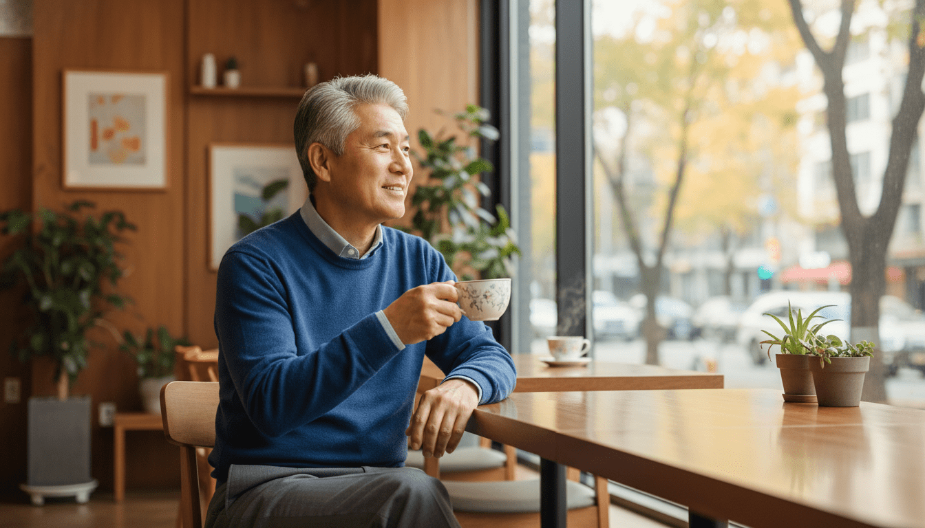 모던하고 밝은 카페에 앉아 창밖을 보며 미소 짓고 있는 60대 후반 한국인 시니어 남성의 라이프스타일 사진. 성공적이고 안정적인 은퇴 생활을 반영하는 따뜻하고 활기찬 분위기. 자연광.