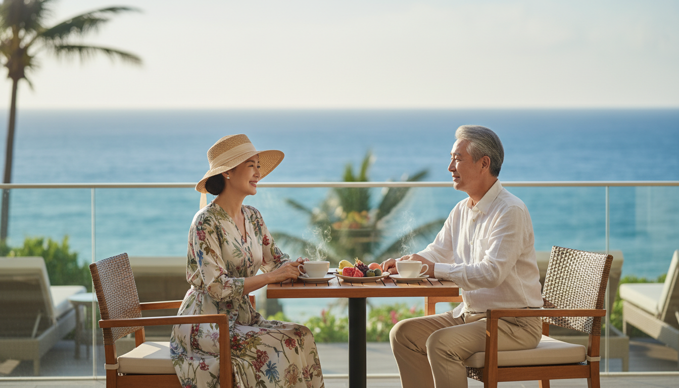 KRX금시장. 화창한 고급 리조트 카페에서 여유롭게 휴식을 취하고 있는 60대 한국인 시니어 부부의 라이프스타일 사진. 재정적으로 안정된 평화로운 노후를 즐기며 서로를 향해 따뜻하게 미소 짓고 있다. 시네마틱 조명, 자연스러운 순간, 얕은 피사계 심도, 따뜻하고 여유로운 분위기.