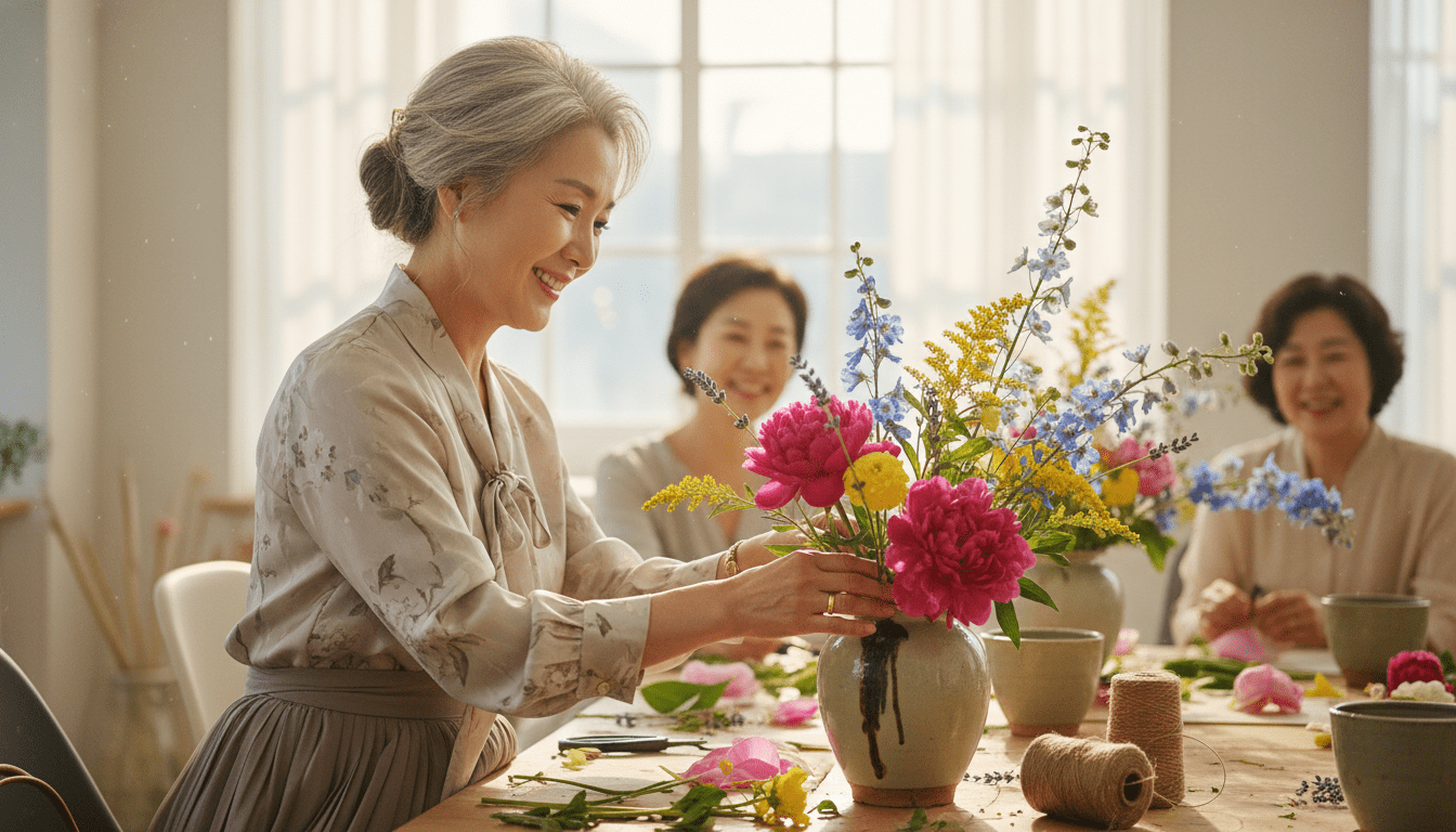 햇살이 가득한 밝은 꽃꽂이 클래스에 참여 중인 50대 한국인 여성의 세련된 모습. 아름다운 꽃들을 꽂으며 환하게 미소 짓고 있으며, 잘 준비된 은퇴 후의 풍요로운 취미 생활을 상징한다. 시네마틱 조명, 생생한 색감, 얕은 피사계 심도.