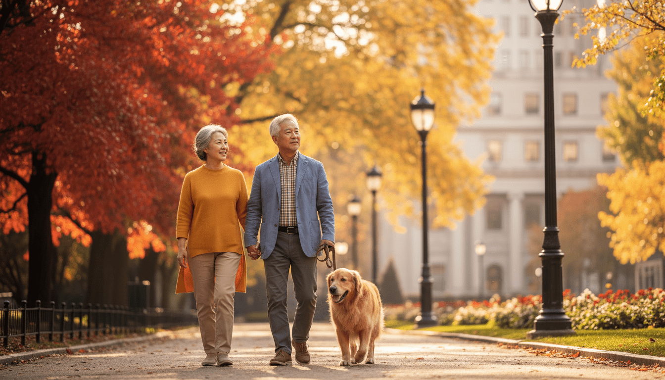 따뜻하고 화창한 가을 오후, 아름답게 관리된 도심 공원에서 귀여운 반려견과 함께 여유롭게 산책하는 한국인 시니어 부부. 철저한 재무 설계를 통해 얻은 평화롭고 안정적인 마음의 상태를 표현한다. 시네마틱하고 따뜻한 조명.