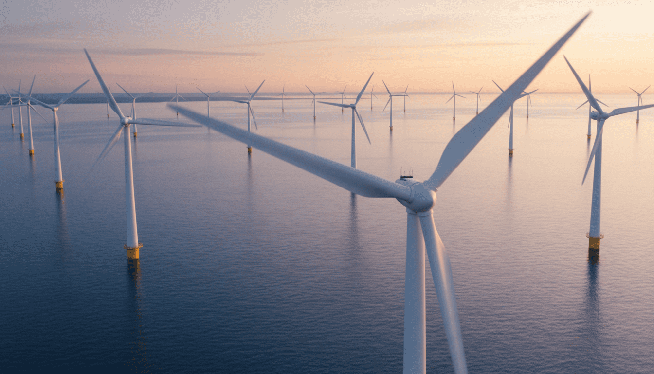 에너지 정책. 황혼 무렵 바다 위에 설치된 거대하고 세련된 해상풍력 단지의 시네마틱 와이드 샷. 하얀색 터빈들이 푸른 바다와 황금빛 노을과 조화롭게 어우러짐. 깨끗하고 미래지향적인 첨단 인프라 느낌. 인물 없음.