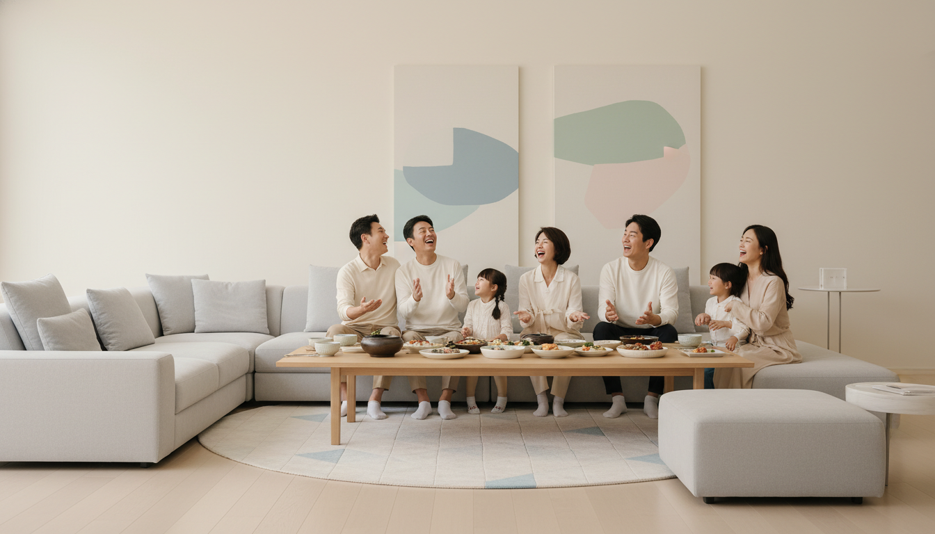 모던하고 아름다운 거실에서 즐겁게 저녁 식사를 하며 활짝 웃고 있는 다세대 한국인 가족, 대를 잇는 부와 마음의 평화, 따뜻한 실내 조명, 자연스러운 순간