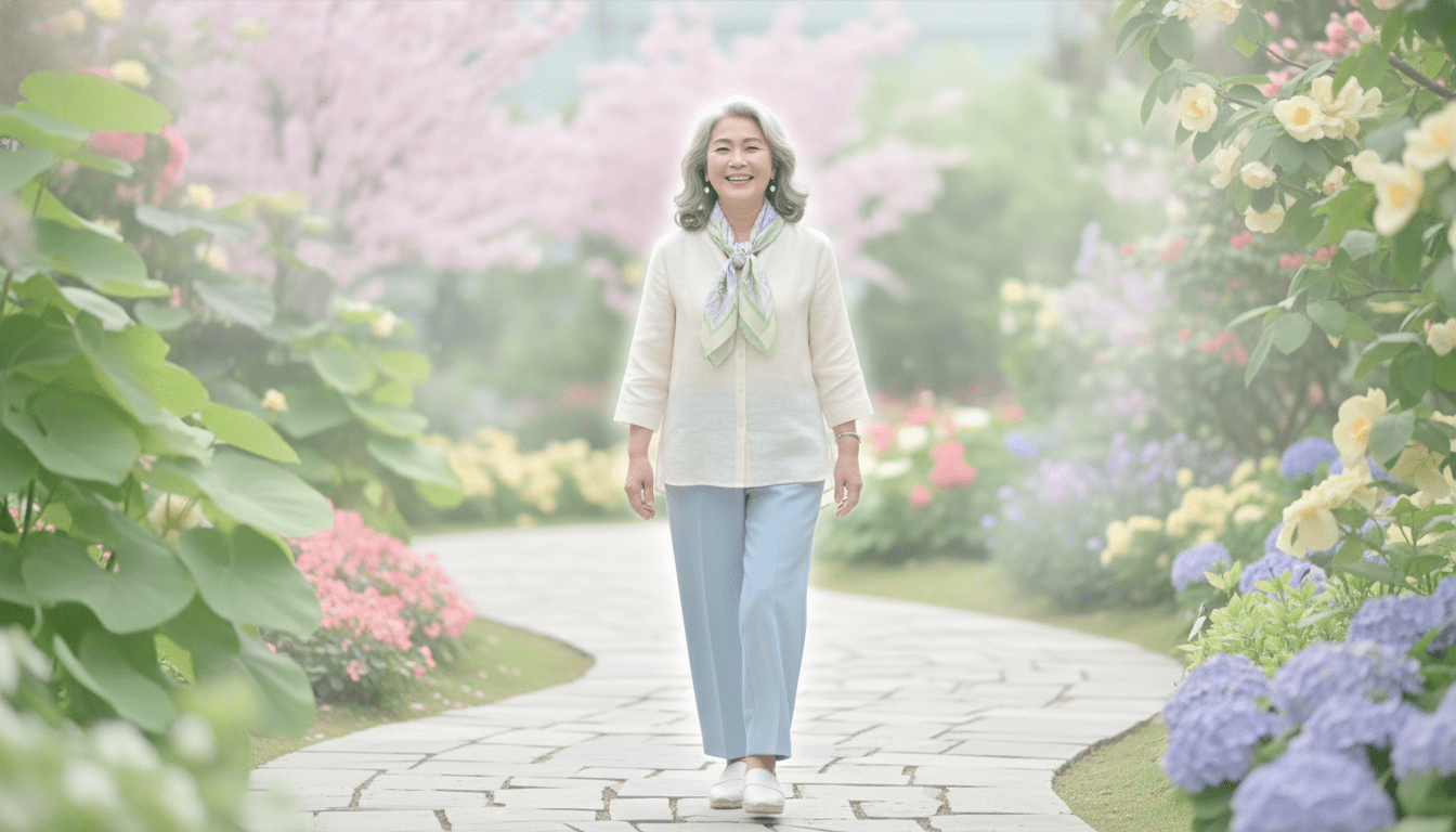 아름답고 생기 넘치는 식물원에서 우아한 캐주얼 차림으로 여유롭게 산책하며 밝게 웃고 있는 건강한 60대 한국인 여성, 안정된 미래, 시네마틱 조명