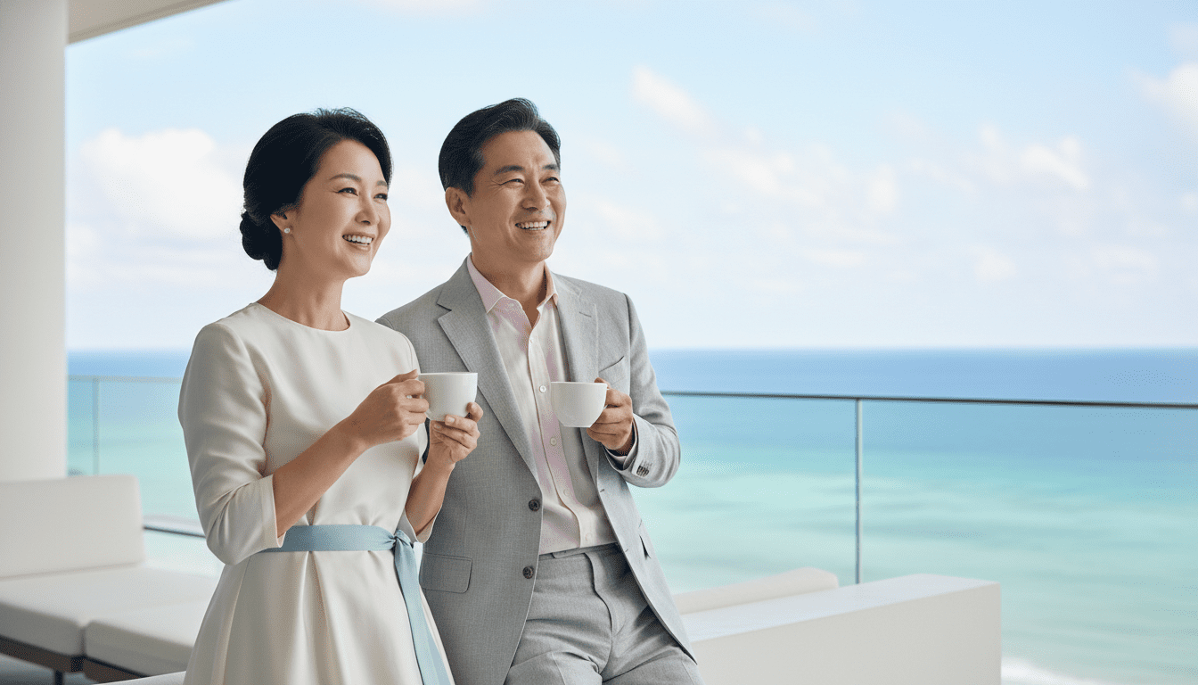 아름다운 오션뷰를 자랑하는 고급 리조트에서 커피 잔을 들고 행복한 미소를 짓고 있는 세련된 50대 한국인 부부, 화면을 향한 기기 없음, 라이프스타일 사진