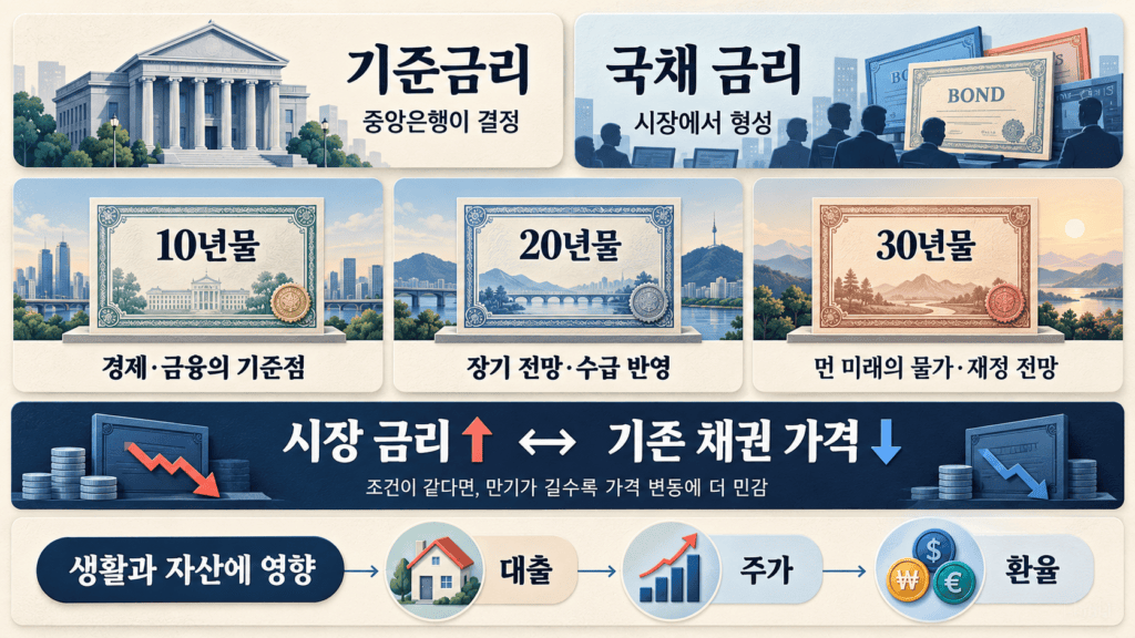 기준금리와 국채 금리의 차이, 10년·20년·30년물의 의미, 금리와 채권 가격의 반대 관계 및 생활에 미치는 영향을 정리한 그림.