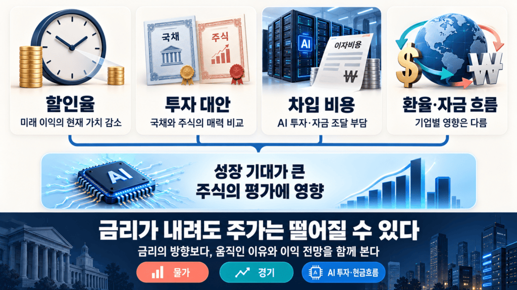 할인율, 투자 대안, 차입 비용, 환율과 자금 흐름이라는 네 경로로 금리와 주가의 관계를 정리하고, 금리 하락이 주가 상승을 보장하지 않음을 강조한 그림.