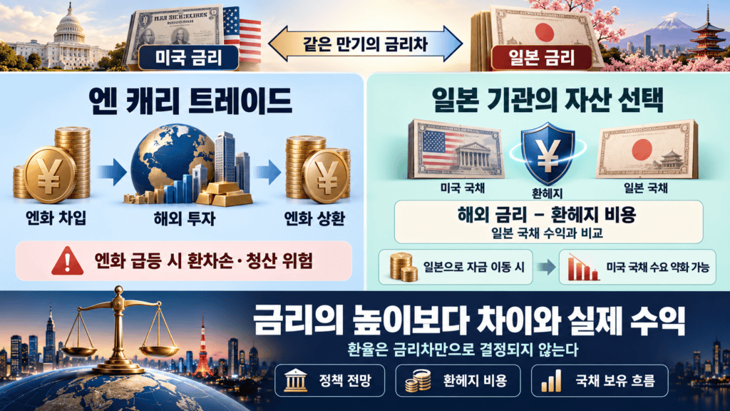 미일 금리차를 중심으로 엔 캐리 거래의 환율 위험과 일본 기관의 환헤지 후 수익 비교, 자금 이동 가능성을 나누어 정리한 그림.