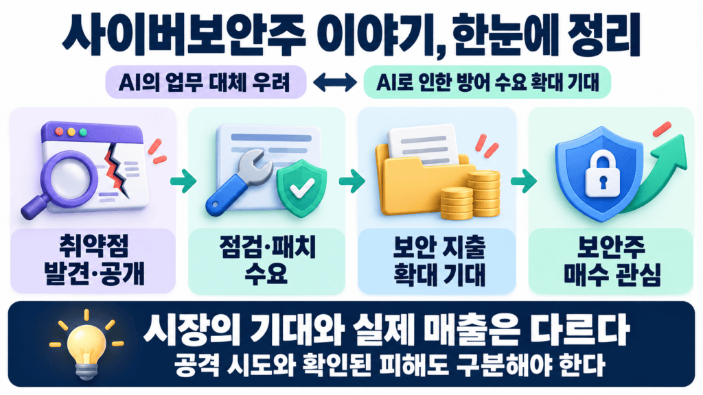 취약점 발견·공개에서 점검·패치 수요, 보안 지출 확대 기대, 보안주 매수 관심으로 이어지는 흐름과 해석상의 주의점을 정리한 그림.