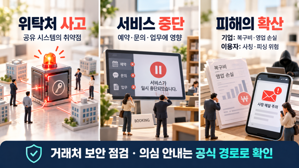 위탁처 사고, 서비스 중단, 기업과 이용자의 피해로 이어지는 흐름을 정리한 이미지.