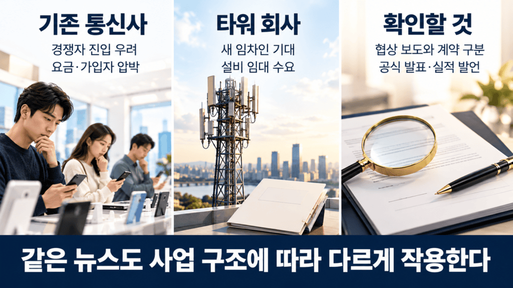 기존 통신사의 경쟁 우려, 타워 회사의 임대 기대, 계약 관련 확인 사항을 정리한 이미지.