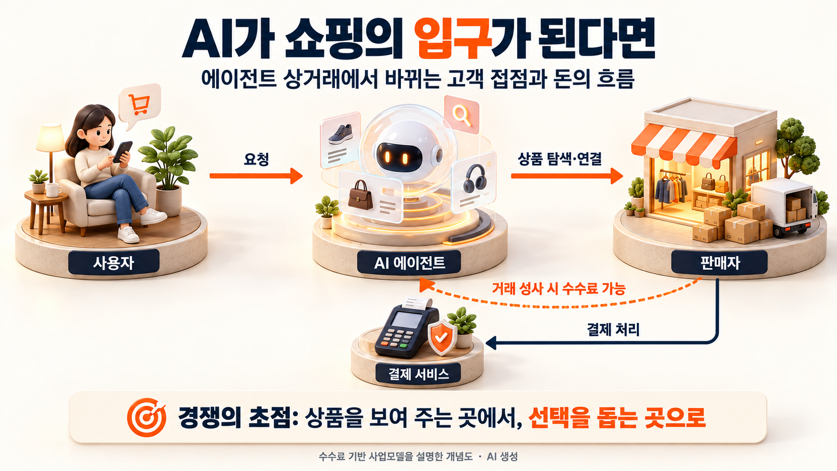 사용자의 쇼핑 요청이 AI 에이전트를 거쳐 판매자로 연결되고, 결제 처리와 거래 수수료 흐름을 보여주는 개념도.