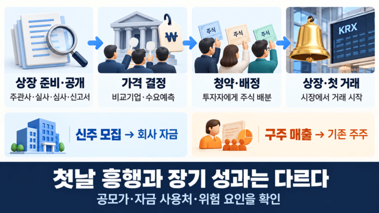 상장 준비·공개, 가격 결정, 청약·배정, 첫 거래의 흐름과 신주·구주의 자금 목적지, 장기 성과 확인의 중요성을 정리한 그림.