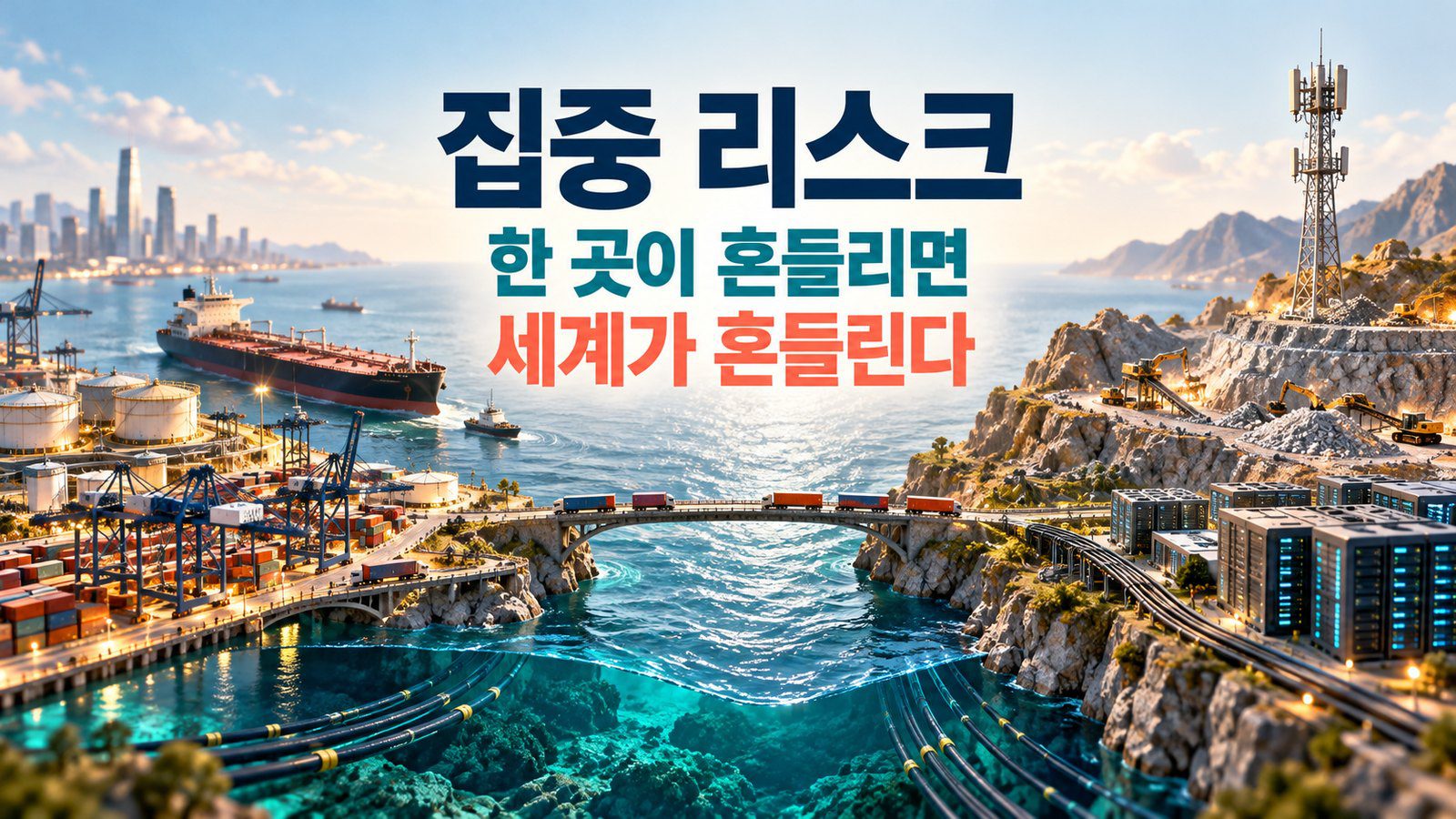 집중 리스크 지도 - 다섯 갈래 흐름이 하나의 관문으로 모이는 그림