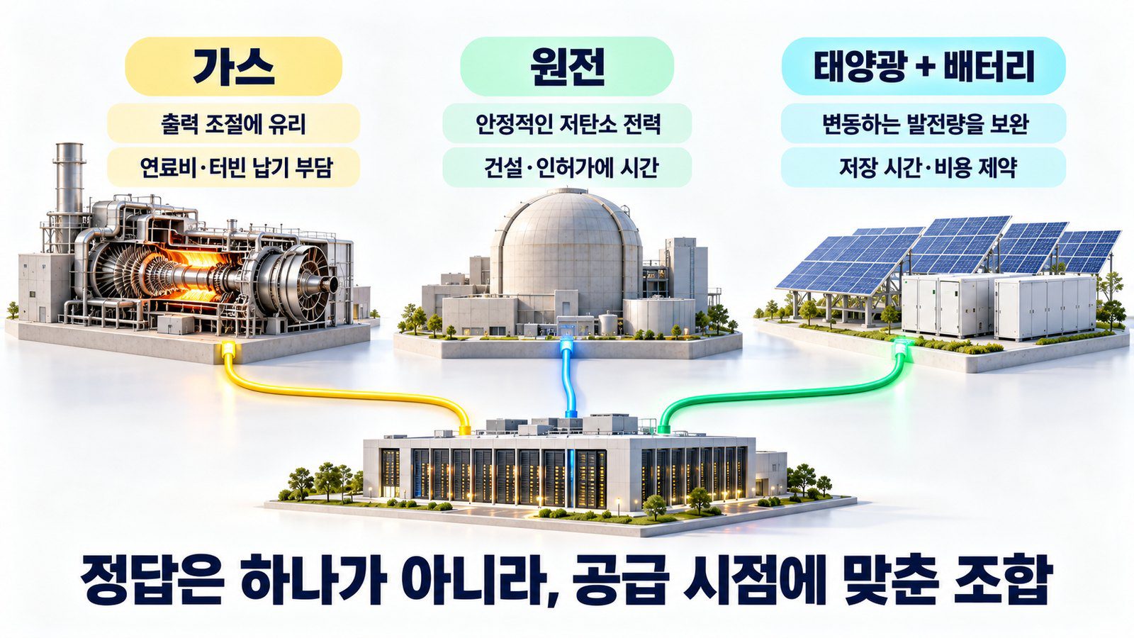 데이터센터 전원 비교: 가스터빈·원전·태양광, AI는 무엇으로 전기를 얻나 한눈에 정리