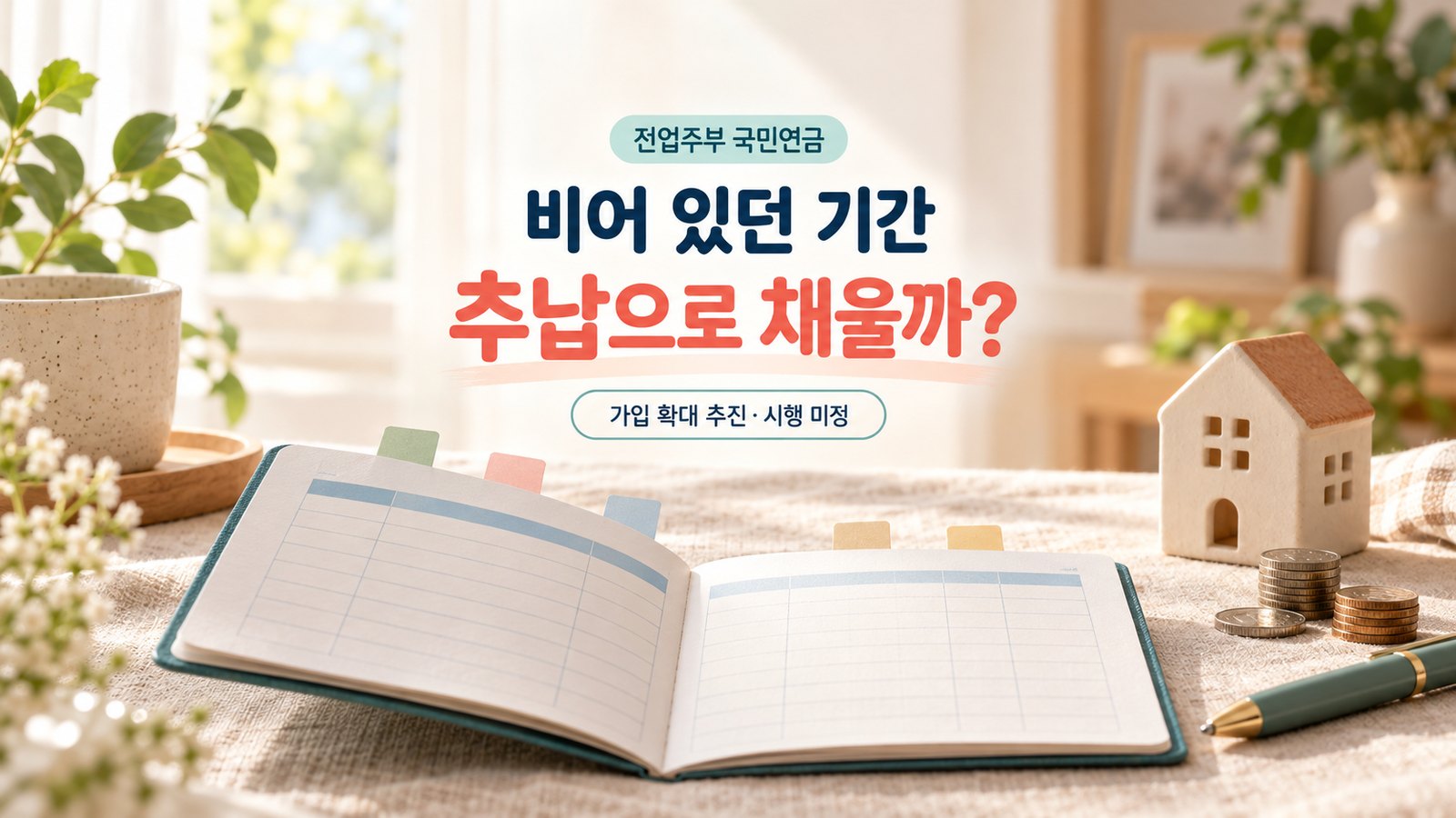 전업주부 국민연금 667만 명 편입 추진과 추납 변화를 표현한 두 사람과 동전 일러스트