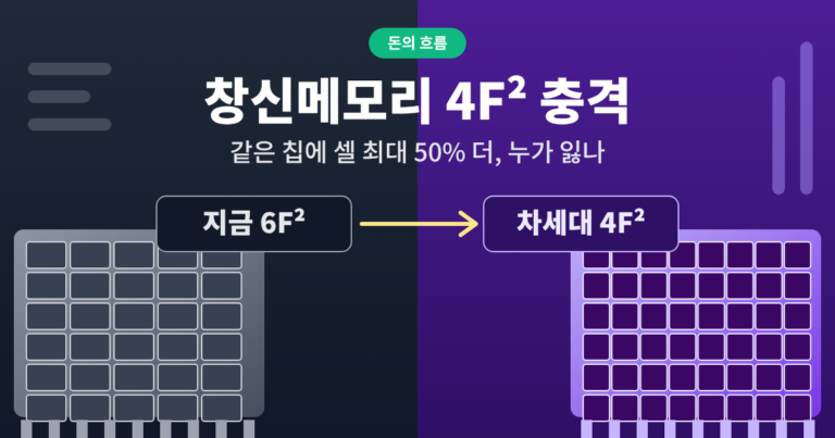 창신메모리 4F2 D램 셀 구조를 현재 6F2와 비교한 반도체 칩 그림