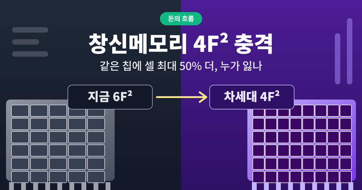 창신메모리 4F2 D램 셀 구조를 현재 6F2와 비교한 반도체 칩 그림