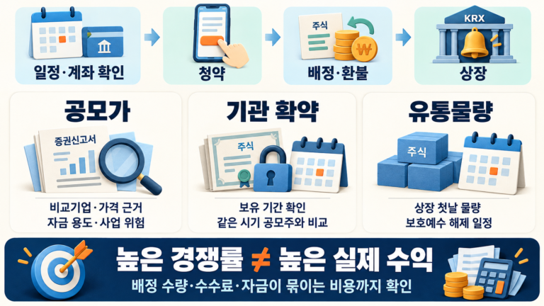 공모주 청약 절차와 공모가·기관 확약·유통물량 점검 기준, 배정 수량과 비용을 함께 정리한 이미지.