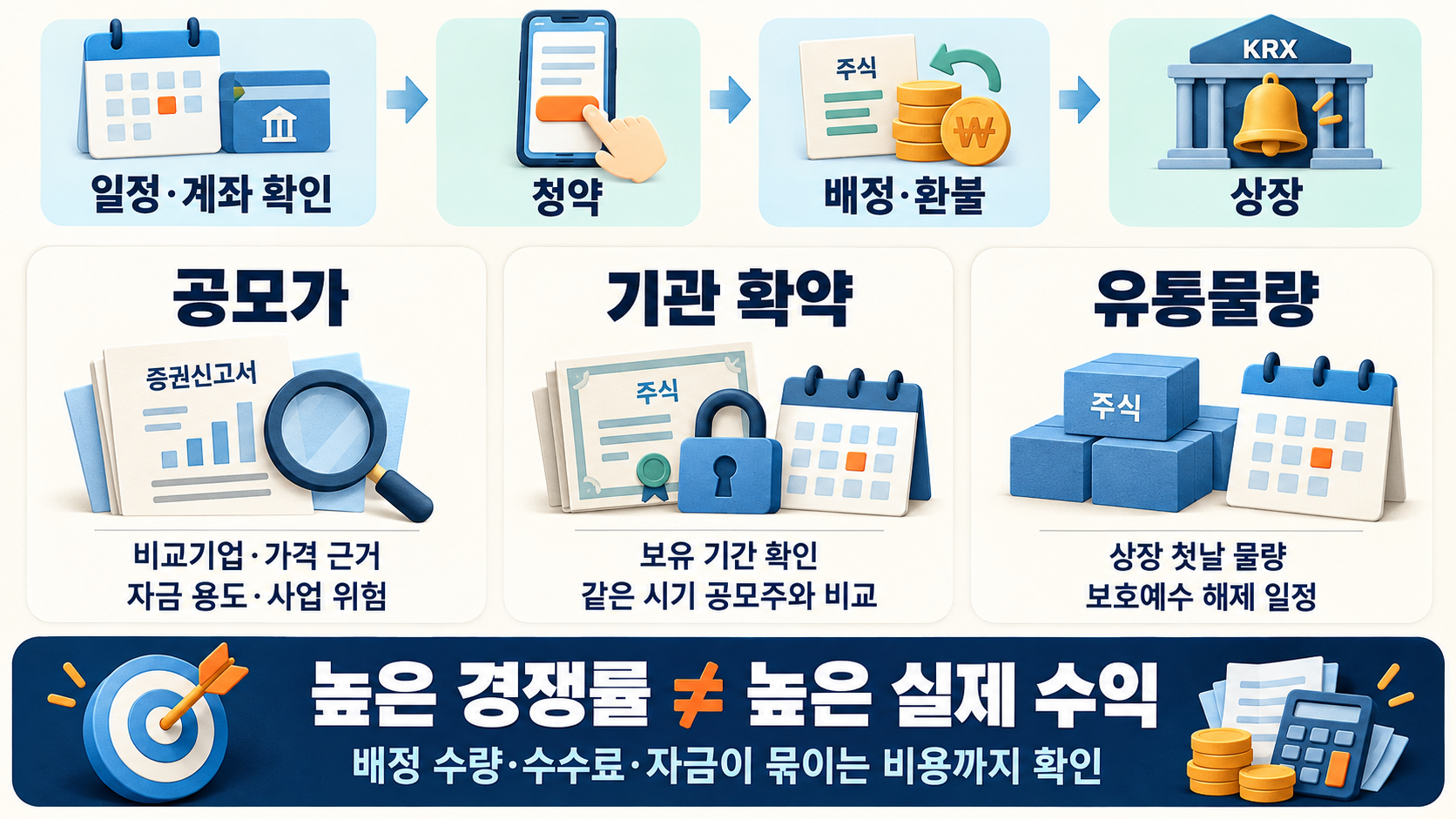 공모주 청약 절차와 공모가·기관 확약·유통물량 점검 기준, 배정 수량과 비용을 함께 정리한 이미지.
