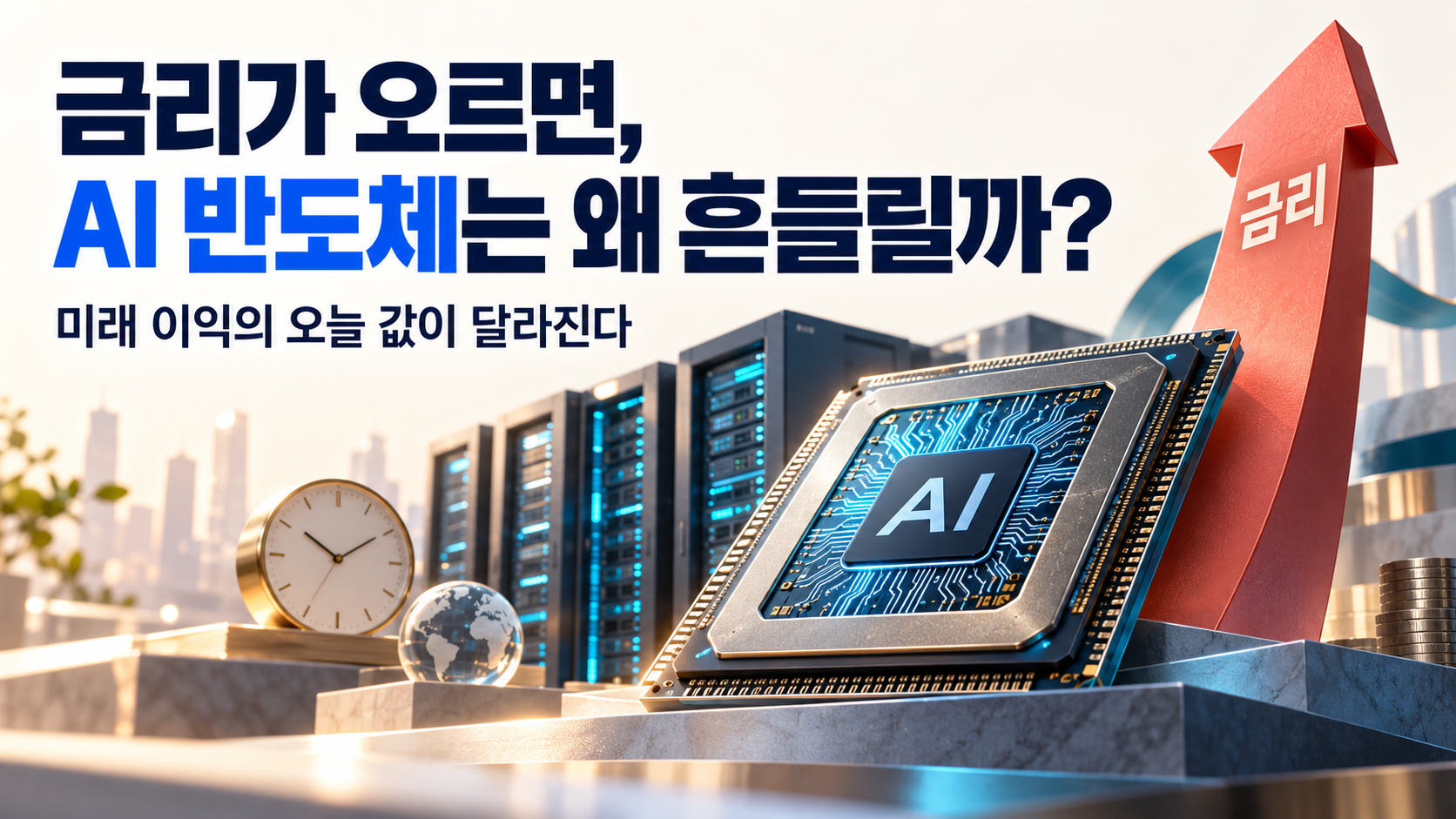 상승하는 금리 화살표 옆에 AI 반도체와 데이터센터, 시계를 배치해 성장주의 미래 이익과 자금 조달 부담을 표현한 이미지.