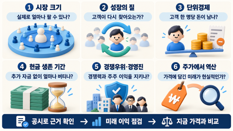 시장 크기, 성장의 질, 단위경제, 현금 생존 기간, 경쟁우위와 경영진, 주가 역산의 핵심 질문을 정리한 이미지.