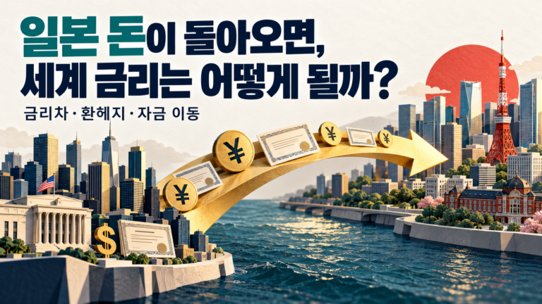 미국에서 일본으로 이어지는 금빛 화살표 위에 엔화와 채권을 배치해 일본 투자자금의 귀환 가능성을 표현한 이미지.