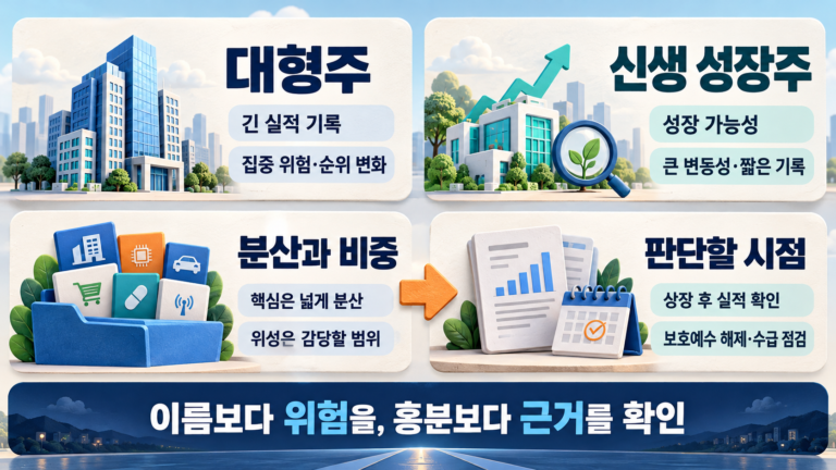 대형주와 신생 성장주의 특성을 비교하고 분산과 비중, 상장 후 실적과 보호예수 해제 점검을 정리한 이미지.