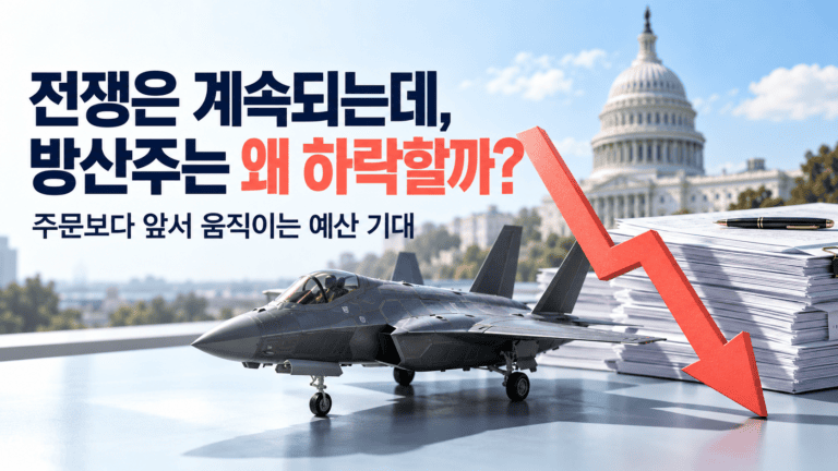 전투기 모형과 쌓인 주문서, 미국 의회를 배경으로 하락 화살표를 배치해 방산 수요와 주가의 엇갈림을 표현한 이미지.