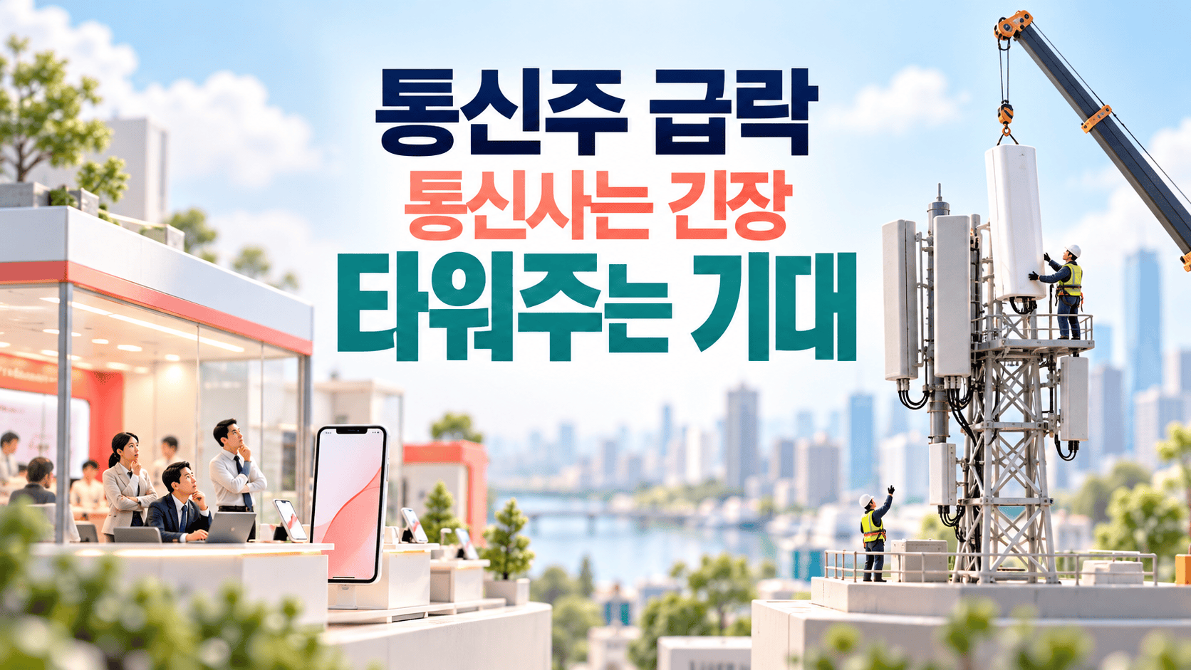 통신사 매장과 안테나를 설치하는 타워를 대비해 신규 사업자 진입에 대한 우려와 기대를 표현한 이미지.