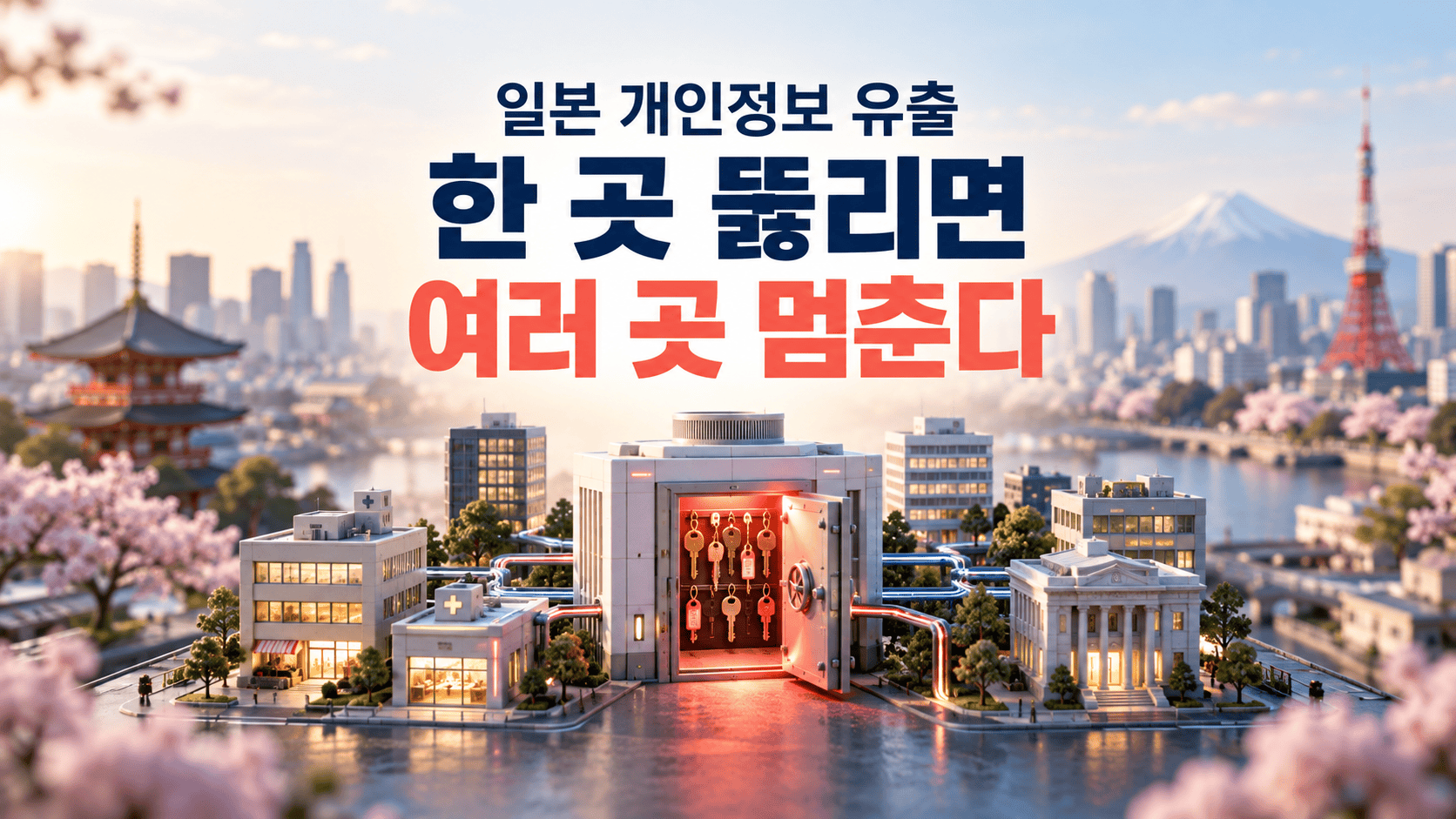 일본 개인정보 유출을 주제로, 공동 열쇠 보관소의 사고가 여러 사업장에 영향을 주는 모습을 표현한 이미지.